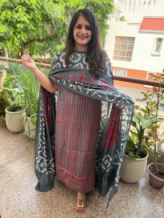 Grey & Red Modal Silk Shibori Kurta with Bandhani Shibori  handcrafted Modal Silk Dupatta sbs-8