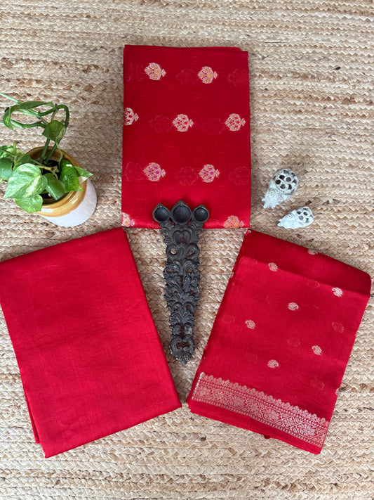 Red Chanderi Handloom Banarsi Booti Three Piece Suit
