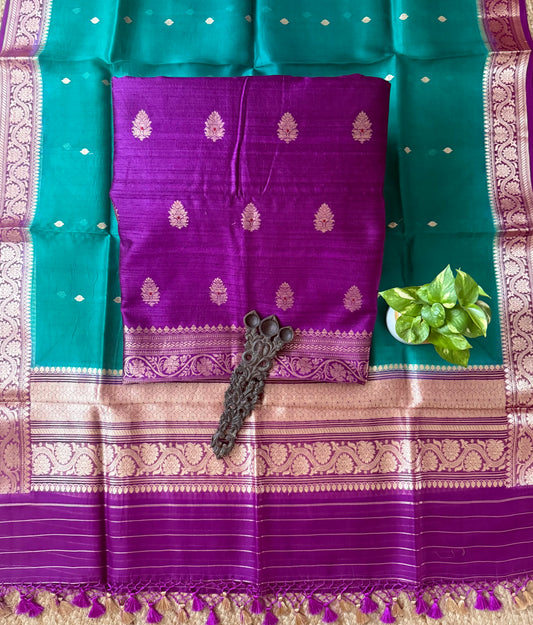 Violet Purple raw silk certified handloom banarsi kadwa butti with woven zari three piece suit