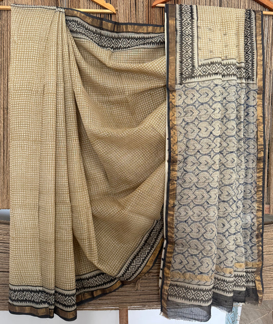 Beige kota doria handblock sari