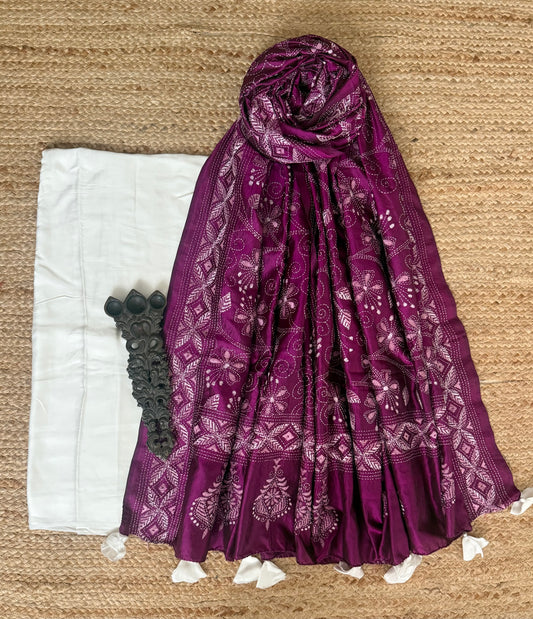 White Modal silk kurta with purple kantha work hand embroidery  Pure Bangalore Silk dupatta