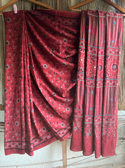 RED COTTON AJRAKH HANDEMBROIDERY SARI