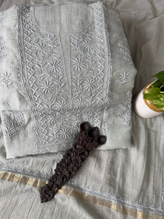 MINT GREEN PREMIUM  MULL CHANDERI LUCKNOWI CHICKENKARI HAND EMBROIDERY THREE PIECE SUIT