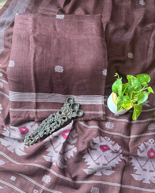 TAUPE BROWN PURE JAYSHREE  LINEN JAMDANI HANDWOVEN KURTA SET
