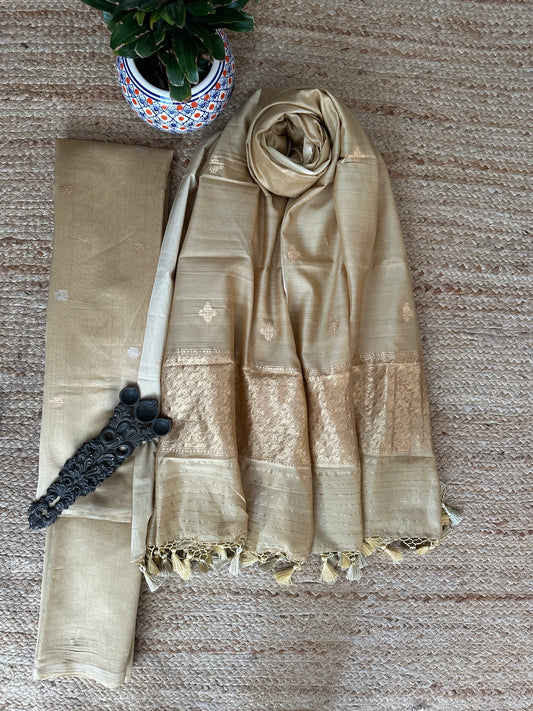 Beige  Katan silk certified handloom Banarsi Booti three piece suit