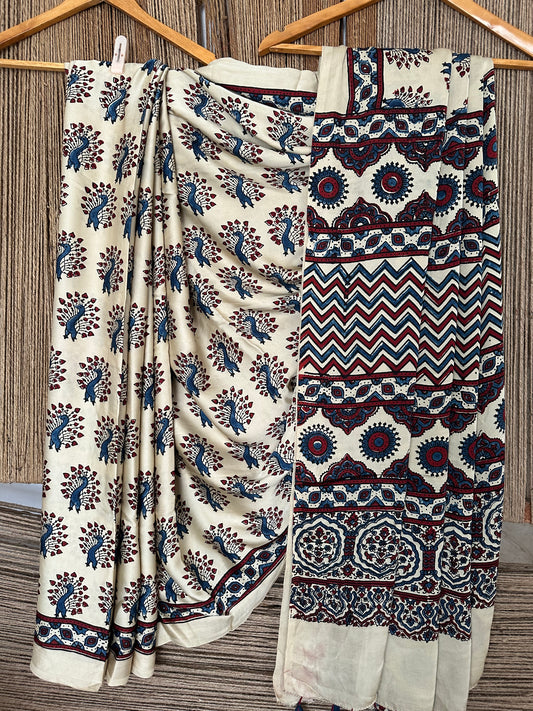 BEIGE PEACOCK AJRAKH MODAL SILK SARI WITH BORDER