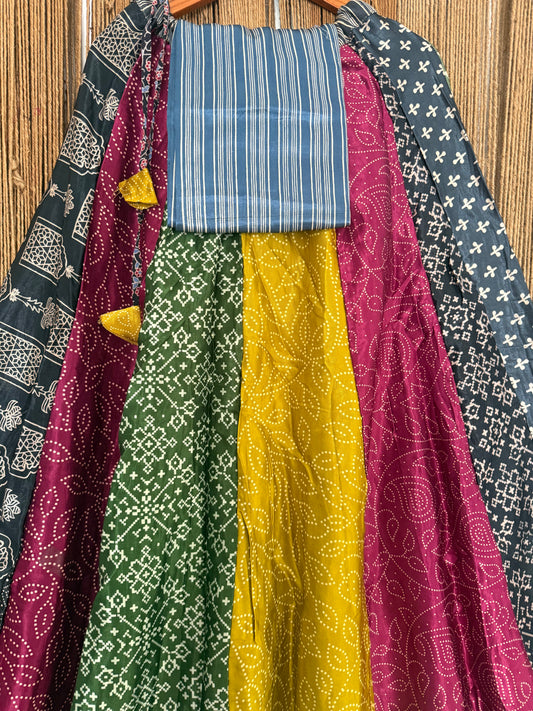 Mustard mashru silk blouse-with bandhani Patola patchwork  handcrafted mashru silk Skirt