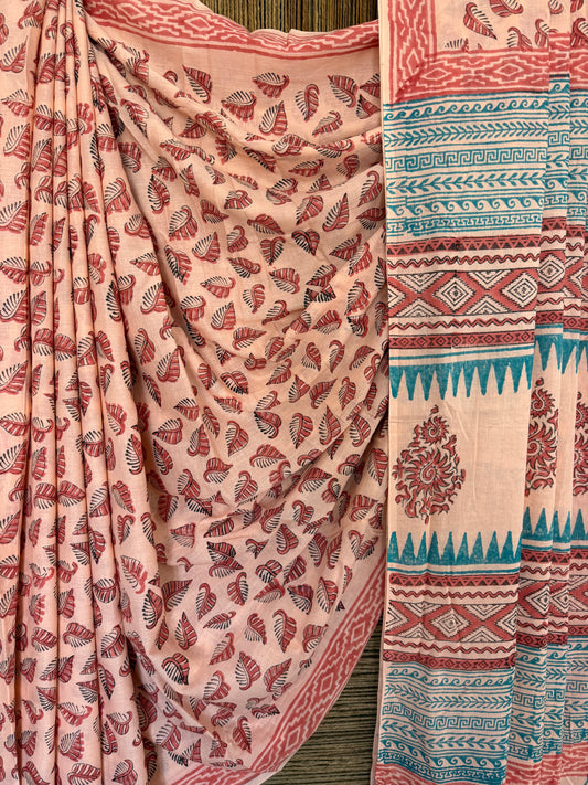 PEACH PINK SANGANERI HANDCRAFTED BLOCK PRINT COTTON SARI