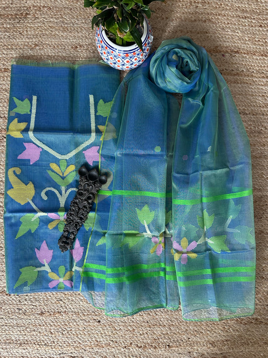GREENISH BLUE DUAL SHADE HANDWOVEN JAMDANI PURE MUSLIN SILK KURTA SET MJK-48