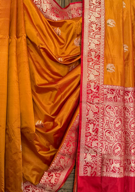 Ochre Orange Katan silk certified  handloom banarsi sari with woven zari
