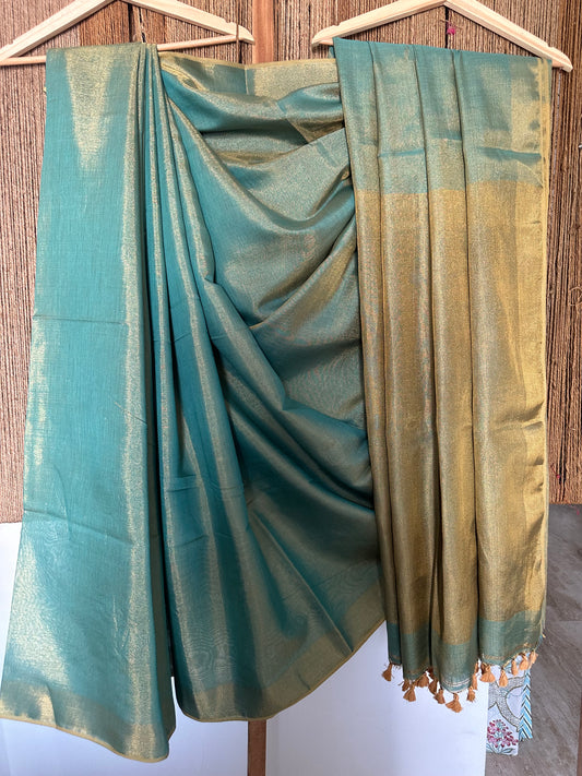 TURQUOISE GREEN TISSUE LINEN ZARI SARI WITH WOVEN RED BORDER