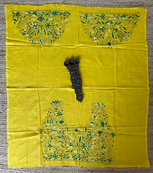 BRIGHT YELLOW COTTON SILK KANTHA WORK UN STITCHED BLOUSE PIECE
