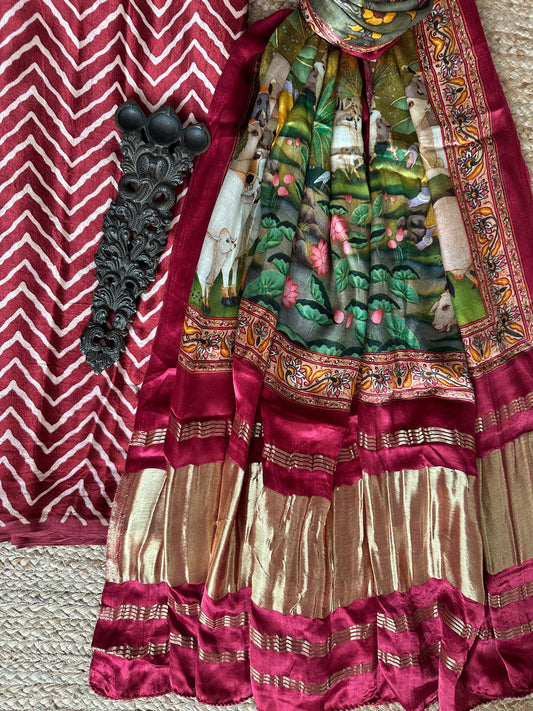 MAROON ZIGZAG MASHRU SILK KURTA WITH PATOLA PRINTED MODAL SILK DUPATTAS  PS-16