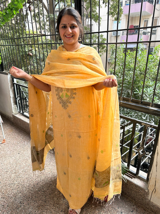 MANGO YELLOW WOVEN LINEN  KURTA SET