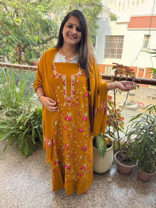 OCHRE YELLOW THREE PIECE JAL EMBROIDERED WORK MERINO WOOL UNSTITCHED SUIT SET WITH HAND EMBROIDERY (AARI WORK / SOZNI) WS -5
