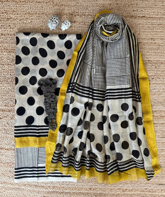 Beige & Black Maheshwari sico handblock suit