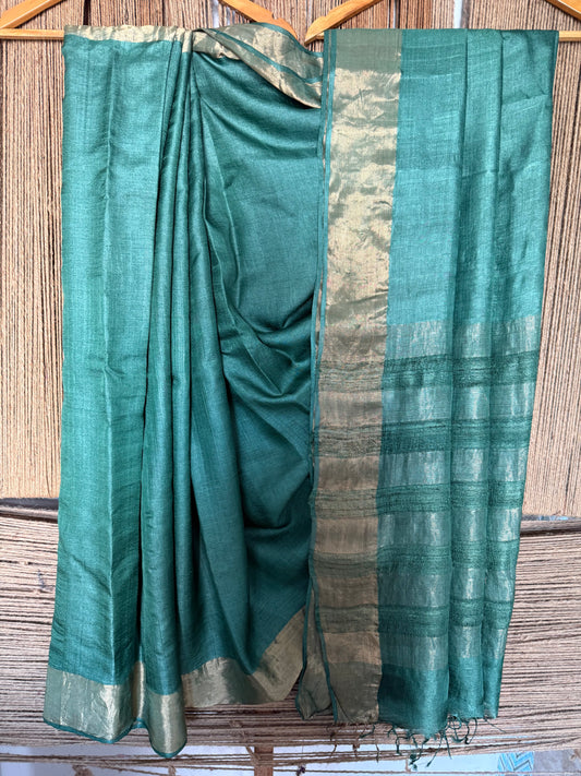 Teal Blue Kosa Ghicha handloom silk sari with zari woven border