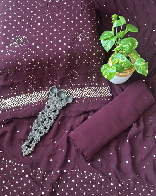 Hickory Brown premium mukesh work Georgette lucknowi chickenkari hand embroidery three piece suit