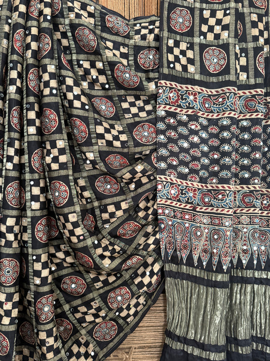 SHADOW BLACK AJRAKH HANDCRAFTED MIRROR WORK (PASTING)GHARCHOLA MODAL SILK SARI WITH ZARI PALLU