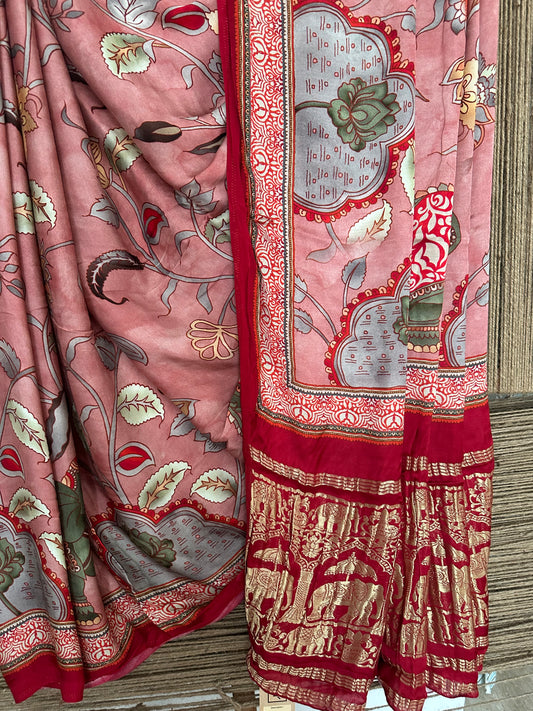 LIGHT PEACH ELEPHANT  PATOLA MODAL SILK PATOLA PRINT SARI WITH ZARI BORDER PMS-10143