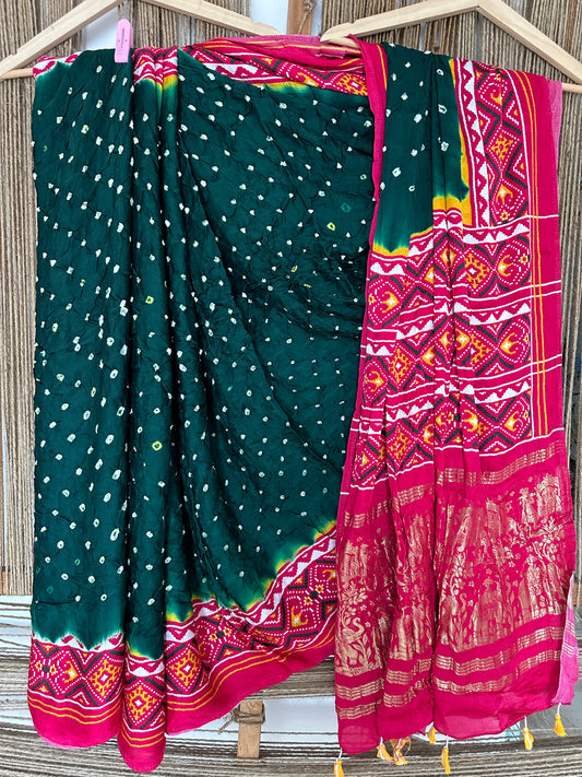 GREEN PINK MODAL SILK BANDHANI  SARI WITH PATOLA PRINT