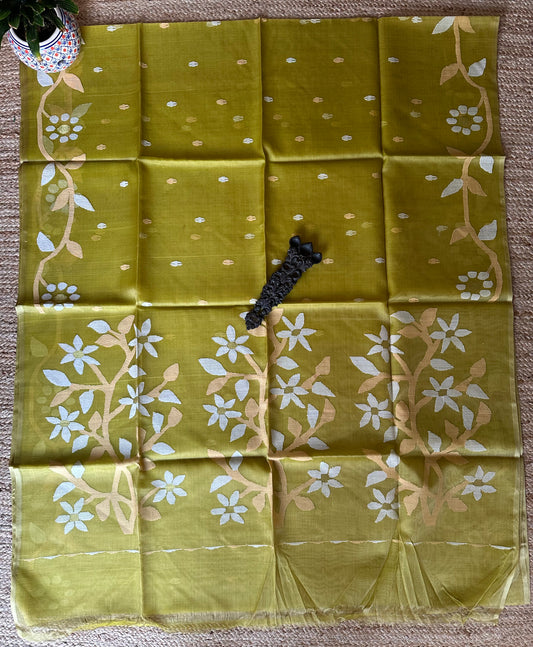 MEHENDI GREEN JAMDANI HANDWOVEN PURE MUSLIN SILK SARI