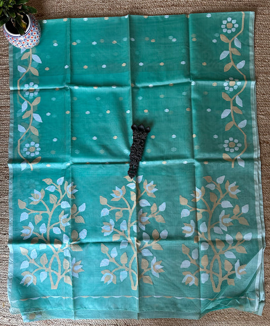 SEA GREEN JAMDANI HANDWOVEN PURE MUSLIN SILK SARI