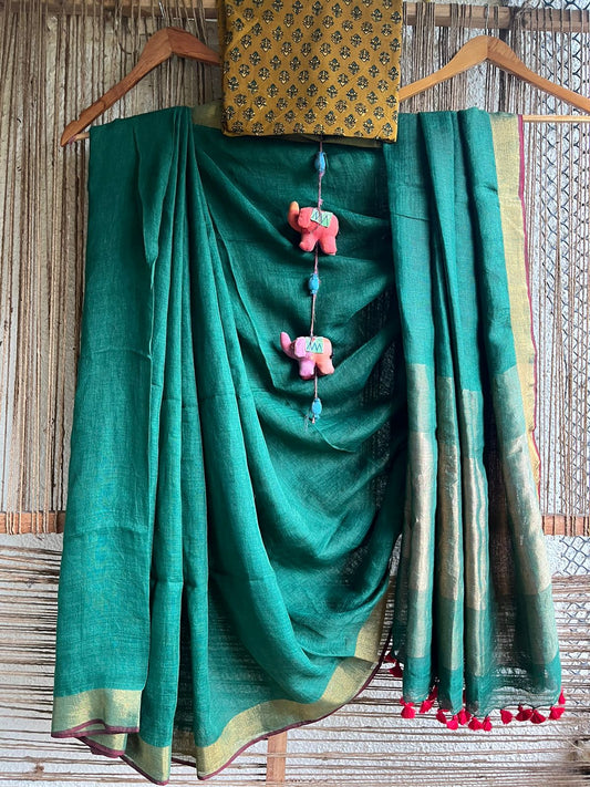 PINE GREEN LINEN COTTON SARI WITH WOVEN RED BORDER & TASSELS