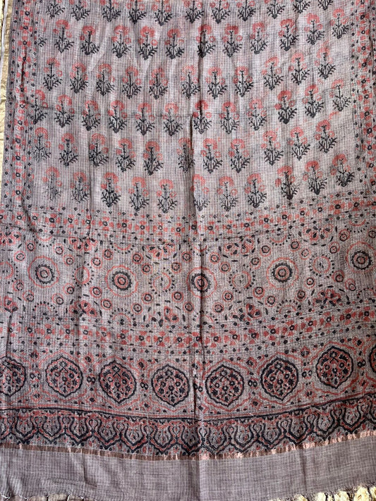 TAUPE GREY AND BLACK KOTA AJRAK HANDCRAFTED DUPATTA