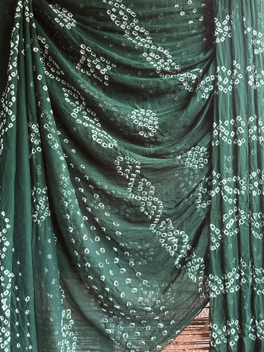 BOTTLE GREEN BANDHANI HANDCRAFTED CHIFFON SARI CB-16