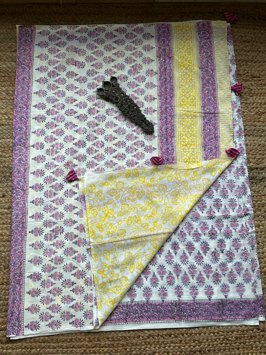WHITE  PURPLE MULL COTTON HANDCRAFTED SAREE