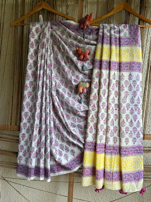 WHITE  PURPLE MULL COTTON HANDCRAFTED SAREE