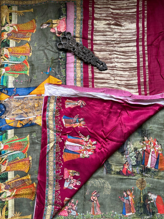 GREY MAROON   PICHWAI  MODAL SILK PATOLA PRINT SARI WITH ZARI BORDER PMS- 1073