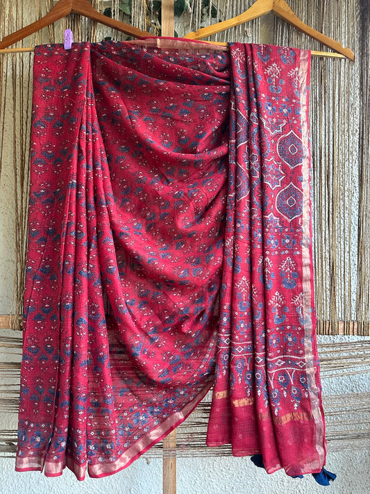 MAROON  KOTA PRINT WITH AJRAKH HANDBLOCK SARI