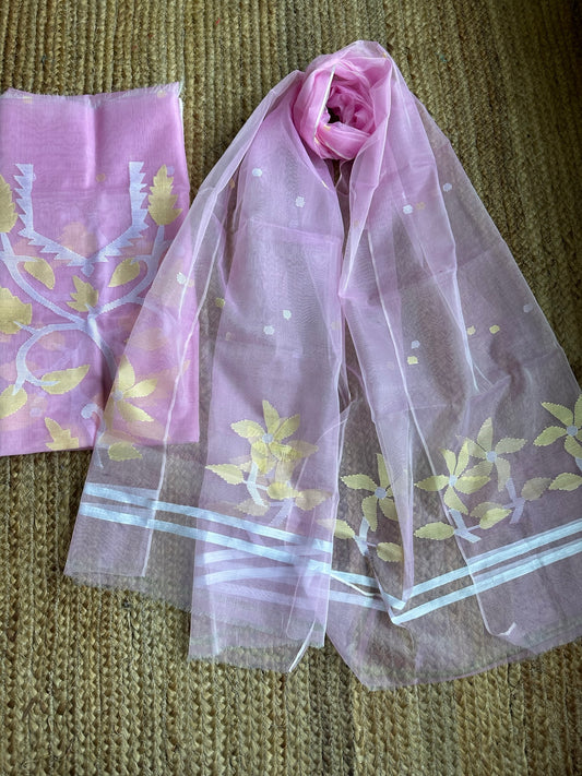 PINK JAMDANI HANDWOVEN PURE MUSLIN SILK KURTA SET