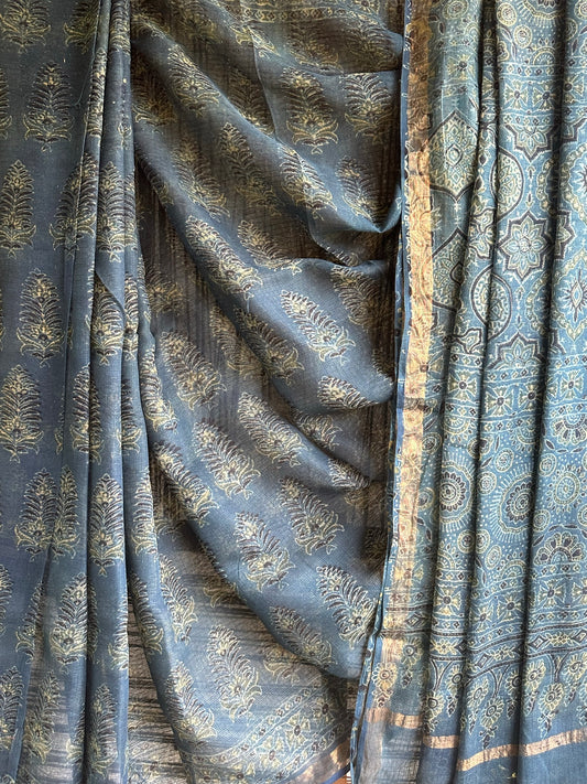 INDIGO  KOTA PRINT WITH AJRAKH HANDBLOCK SARI