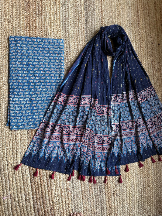 INDIGO AJRAKH HANDBLOCK COTTON KURTA WITH KANTHA AJRAKH DUPATTA