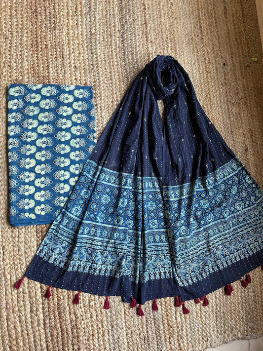 BLUE  AJRAKH HANDBLOCK COTTON KURTA WITH KANTHA AJRAKH DUPATTA