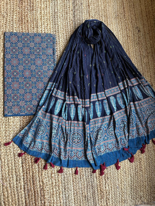 INDIGO AJRAKH HANDBLOCK COTTON KURTA WITH KANTHA AJRAKH DUPATTA