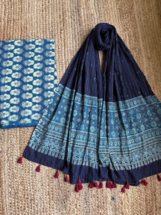 BLUE  AJRAKH HANDBLOCK COTTON KURTA WITH KANTHA AJRAKH DUPATTA