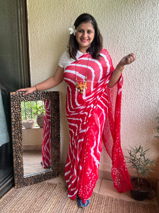 PEACH PINK LEHERIYA  BANDHANI CHIFFON SARI