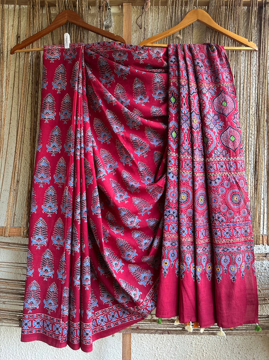 RED AND INDIGO  COTTON  AJRAKH HANDEMBROIDERY  SARI