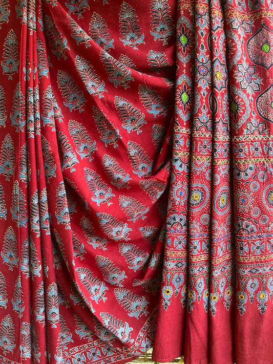 RED AND INDIGO  COTTON  AJRAKH HANDEMBROIDERY  SARI