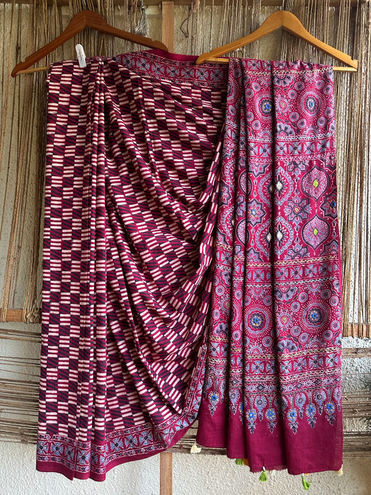 MAROON CHECK  COTTON  AJRAKH HANDEMBROIDERY  SARI