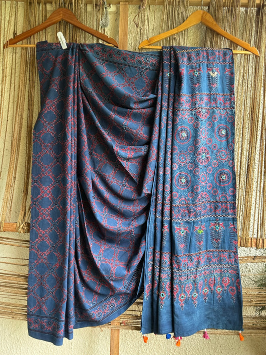 INDIGOAND  PURPLE   COTTON  AJRAKH HANDEMBROIDERY  SARI