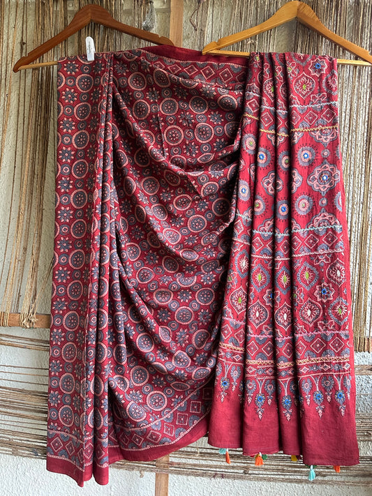 MAROON COTTON  AJRAKH HANDEMBROIDERY  SARI