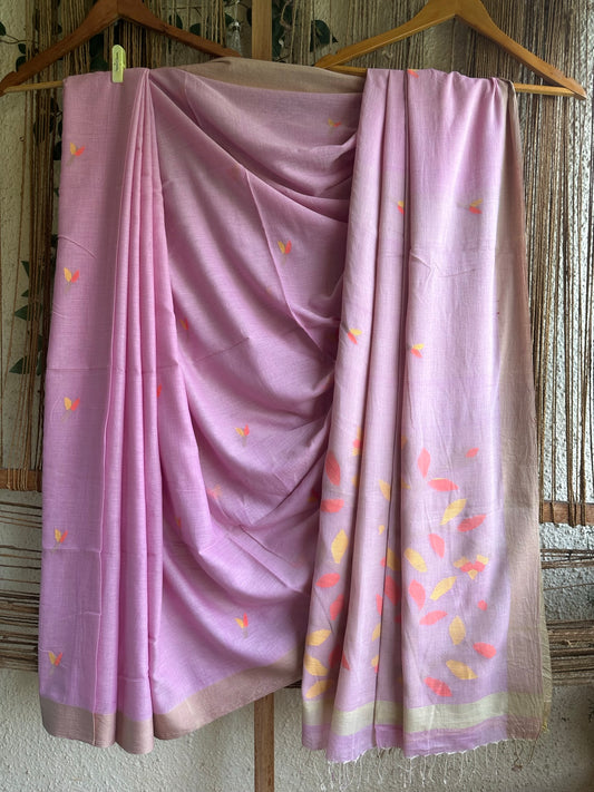 LAVENDER PINK JAMDANI COTTON HANDLOOM SARI