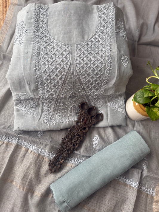 Grey mull chanderi lucknowi chickenkari with moti work hand embroidery three piece suit