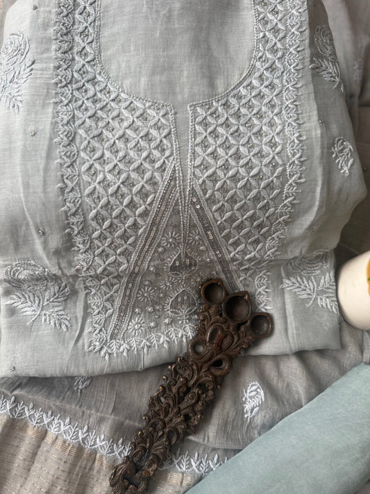 Grey mull chanderi lucknowi chickenkari with moti work hand embroidery three piece suit