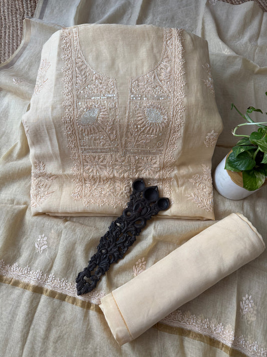 Lemon yellow mull chanderi lucknowi chickenkari with moti work hand embroidery three piece suit
